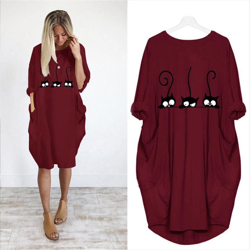 

dress cute cat printing pocket womens tracksuits loose vintage fall maxi clothes woman casual dresses party women, Gray