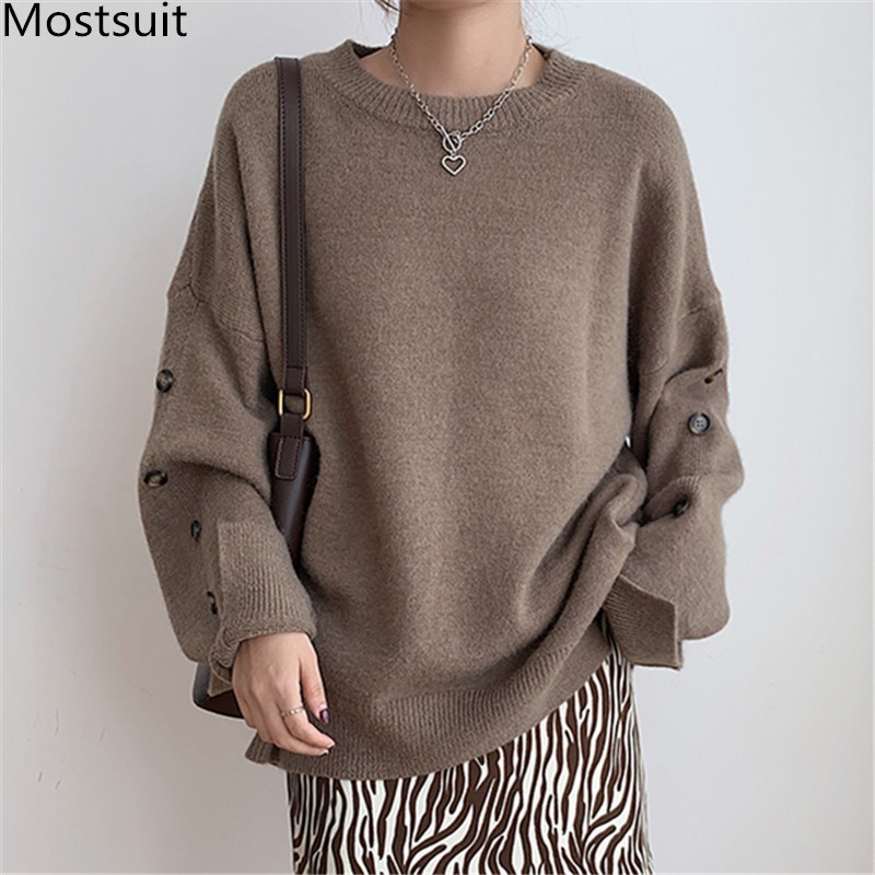 

Solid Loose Knitted Pullover Sweater Women Winter Long Sleeve O-neck Buttons Stylish Jumpers Korean Casual Fashion Tops 210518, Grey