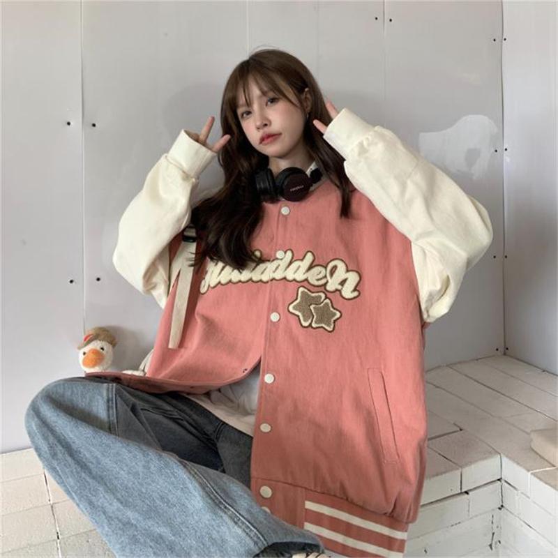 

Women's Jackets Women Oversized Baseball Uniform Long Sleeve Female Coat Spring Autumn Casual Harajuku Embroidery Jacket Hip Hop Streetwear, Pink