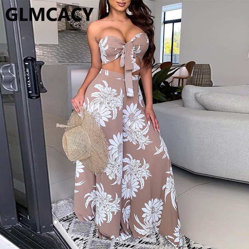 

Women Floral Printed Tube Jumpsuit Tie Front Frill Hem Cutout Long Overalls Wide Leg Jumpsuits, Brown