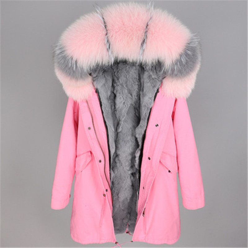 

Beauitful pink raccoon fur trim ladies snow parkas maomaokong grey rex rabbit fur lining pink canvas long jackets, Choose the model