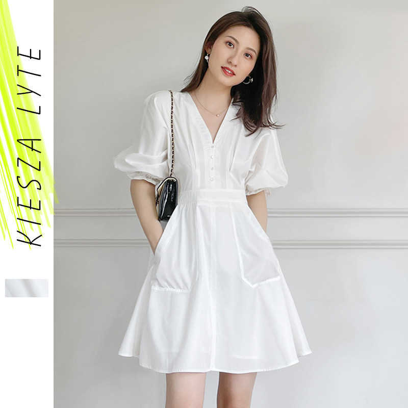 

White French Bubble Sleeve Dress Summer Short V-Neck High Waist Pocket Mini Sexy Dresses Casual Female Vestidos 210608