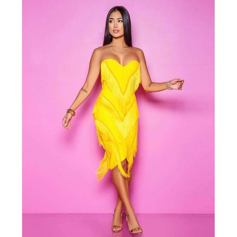 

Ethnic Clothing 2021 Latest Design Summer Dresses For Women Boho Tube Top Strapless Sexy Tassel High Elasticity Patchwork Pencil Dress Danci