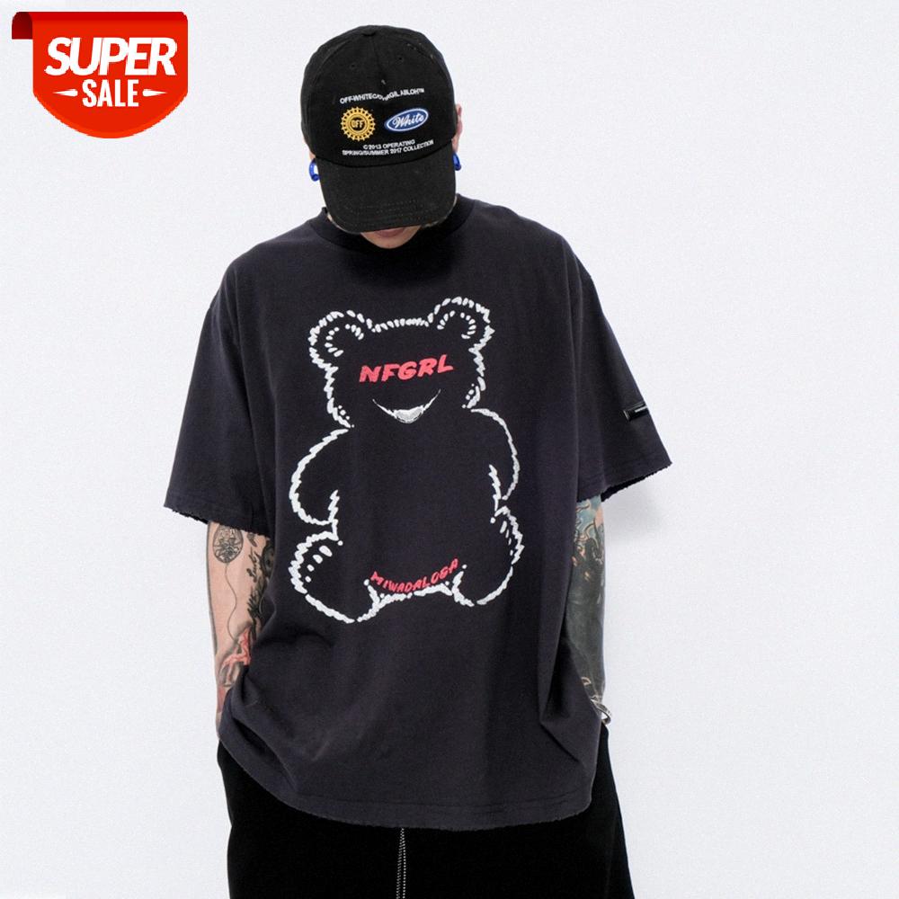 

Bear print short-sleeved T-shirt men's loose round neck five-point sleeve fluid shirt #Bn44, White;black
