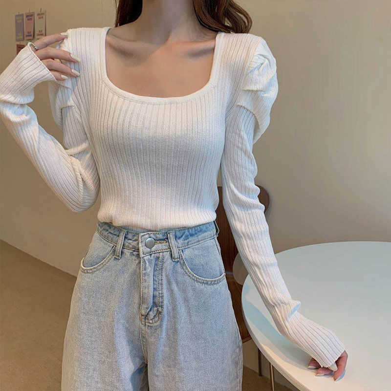 

Knitted Sweater Women Square Collar Slim Korean Fashion Vintage Knitwear Female Tops Women's Clothing Autumn 210604, Red