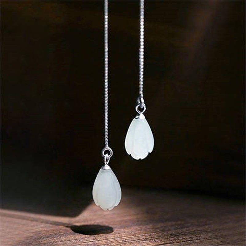 

Dangle & Chandelier Natural Hetian Magnolia Long Earrings, Exquisite Retro Style, Elegant Ladies' Brand Jewelry, Hanfu Accessories