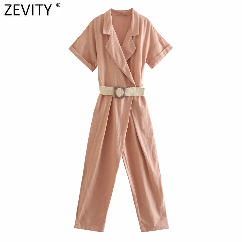 

Zevity Women Turn Down Collar Solid Color Sashes Ankle Length Jumpsuits Chic Ladies Short Sleeve Casual Business Rompers DS8258, Default color