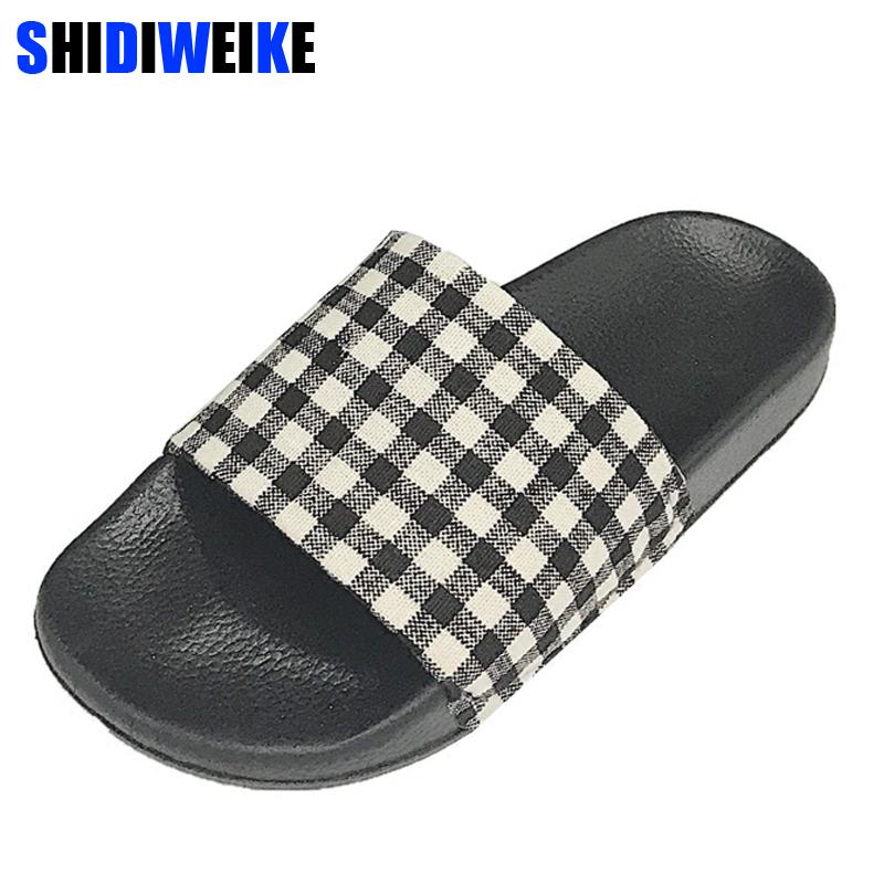 

Slippers Women Summer Cotton Fabric Checkered Shoes Slip On Flat Sandals Slides Sandalias M555, Black