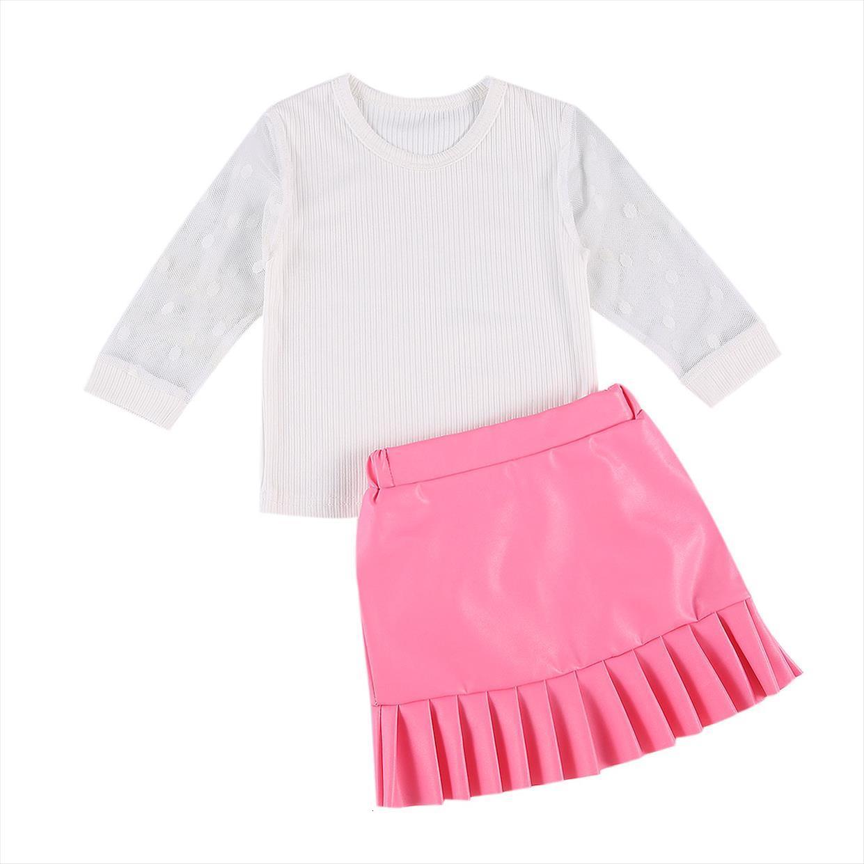 

1 5y fashion kids girls clothes sets lace long sleeve pullover solid ruffles a line skirts, White