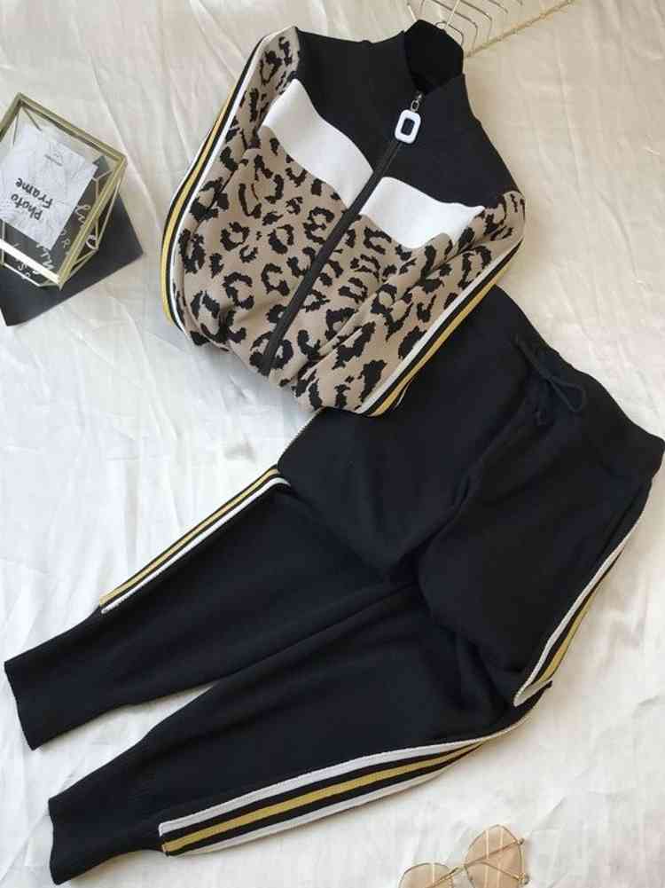 

Autumn and winter suit casual fashion leopard knit 2-piece set women two piece 210525, Coffee color