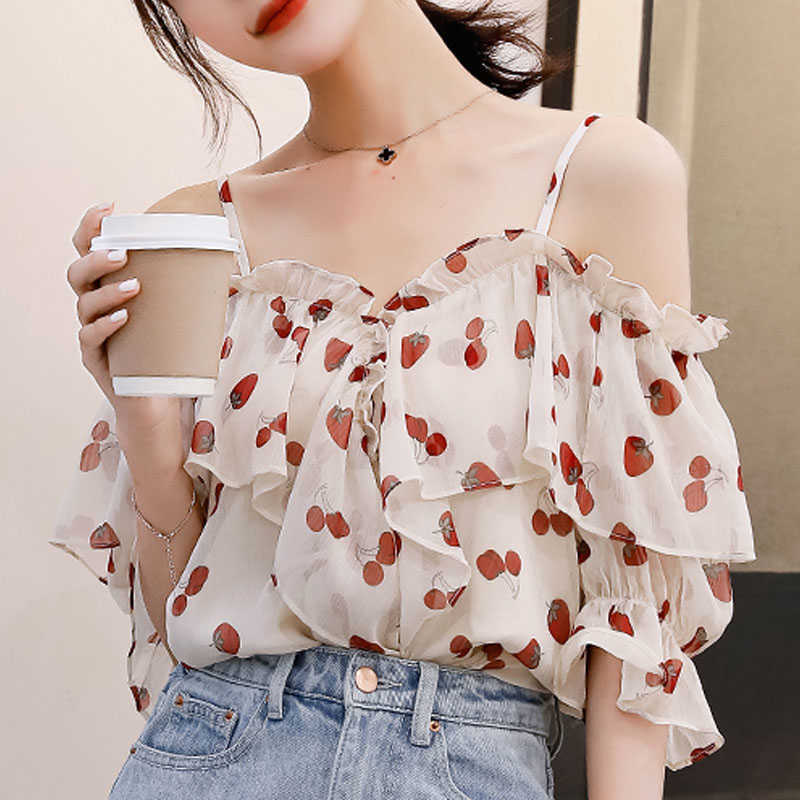 

Summer Slash Neck Off Shouler Top Blouse Women Blusas Mujer De Moda Short Sleeve Ruffles Dot Chiffon Blouse Women Tops D197 210602, As picture