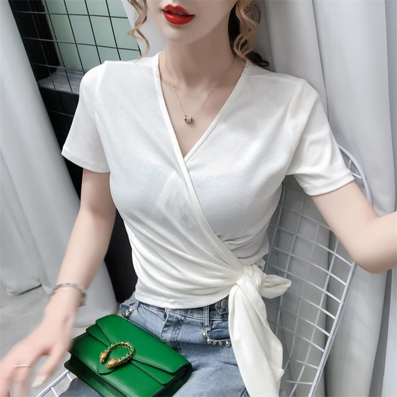 

summer style V-neck short-sleeved t-shirt female with cross-sleeve cross-slim and thin short sexy top 210520, Purple