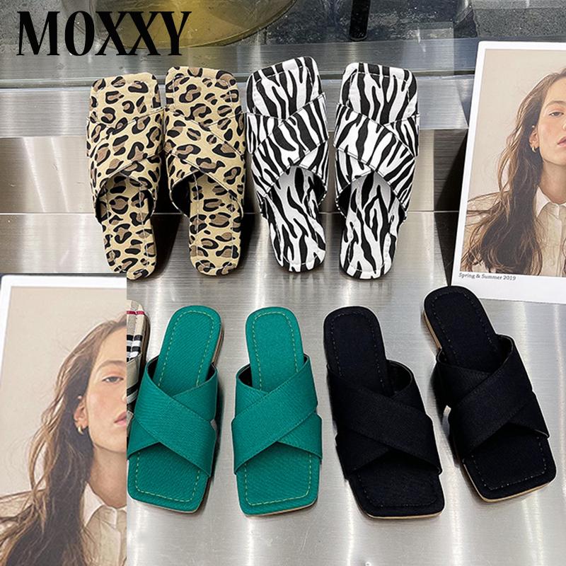 

Slippers 2021 Flat Summer Casual Slides Shoes Low Heels Female Open Square Toe Slip On Flats Women Leopard Print, Black