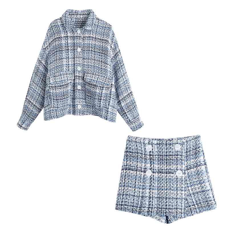 

Casual Spring Woolen Two Piece Sets Jacket Outfits Women Puff Sleeve Button Shorts Skirt and 210525