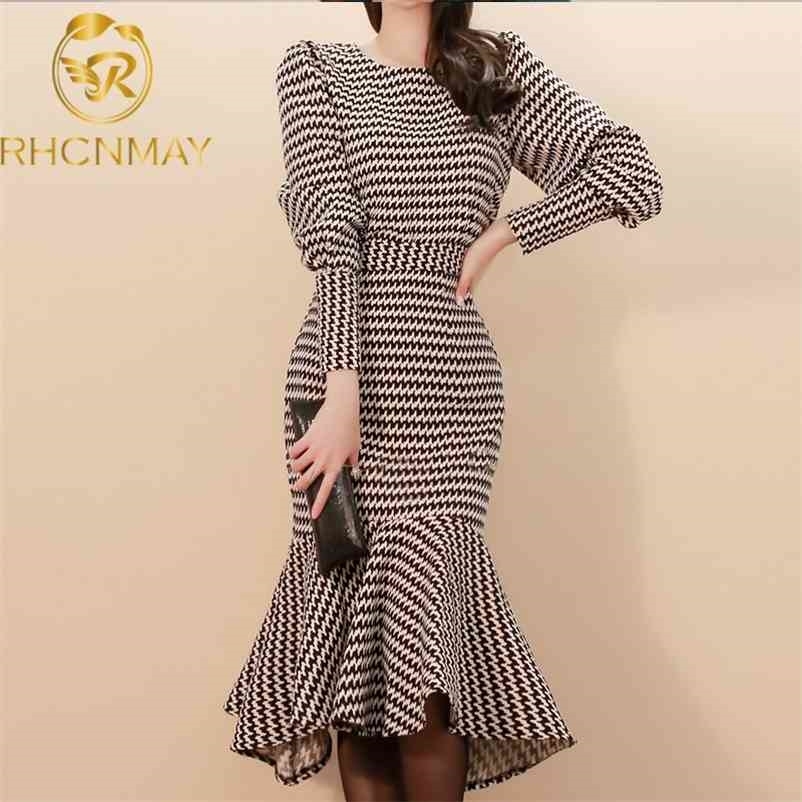 

Spring Women Wave Striped Office Work Suit O-nevk Blouses Tops and Bodycon Mid-calf Mermaid Skirts Two Piece Set 210520, Black
