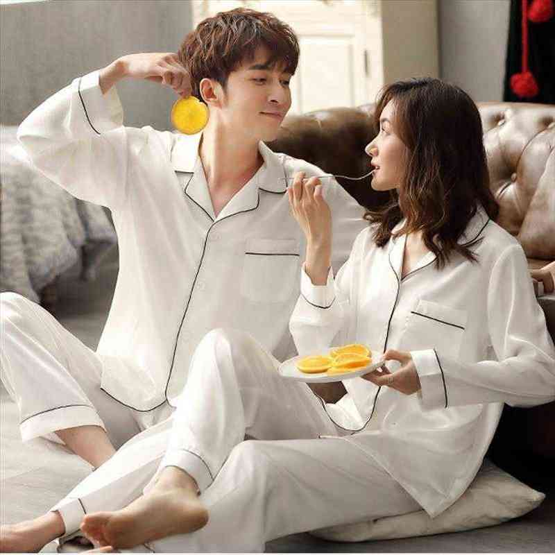 Solid Color Satin Pajamas Womens Sleepwears Couple Set Long Button Down Pyjamas Suit Pijama Women Men Loungewear Plus Size Pj