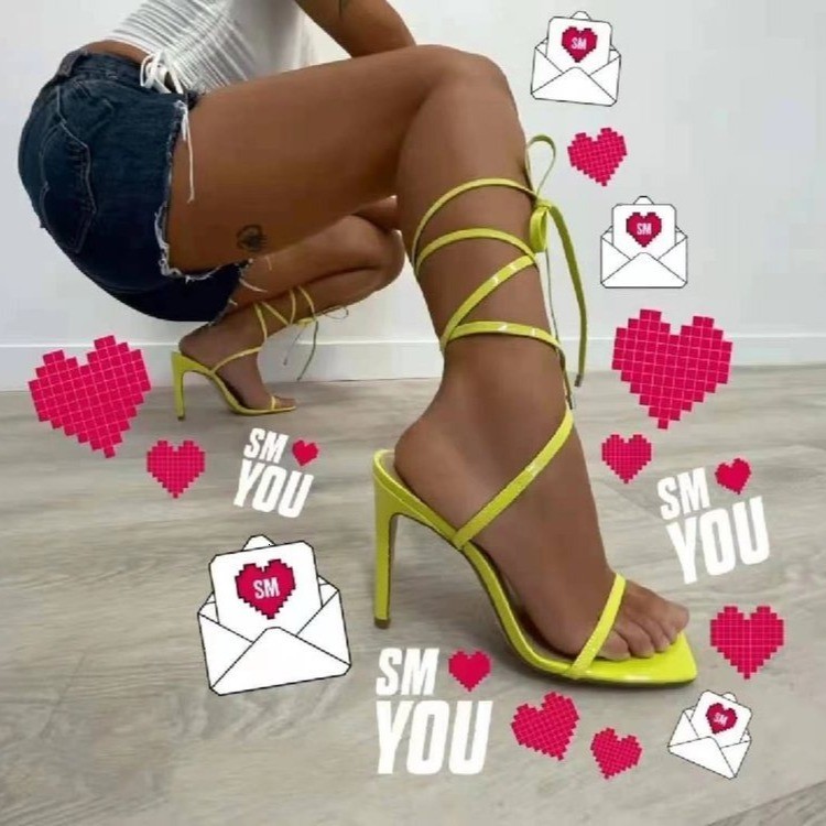 

Sandals 2021 Summer Candy Color Point Toe Lace Ankle Strap Party High Heels Pumps Thin Heel Sandal Lady Sandalias Mujer JMHH, White snake pattern
