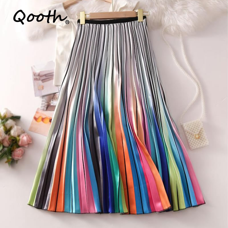 

Qooth Printed Rainbow Pleated Skirt Mid-Length A-Line Spring Autumn Skirt Color Matching Lining High Waist Skirt QT560 210518, Orange