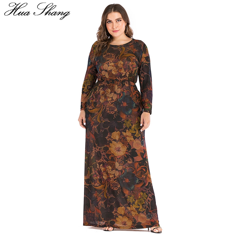 

6xl plus size retro vintage dress women autumn winter long sleeve floral printing maxi long dresses ladies muslim abaya dress, Black;gray