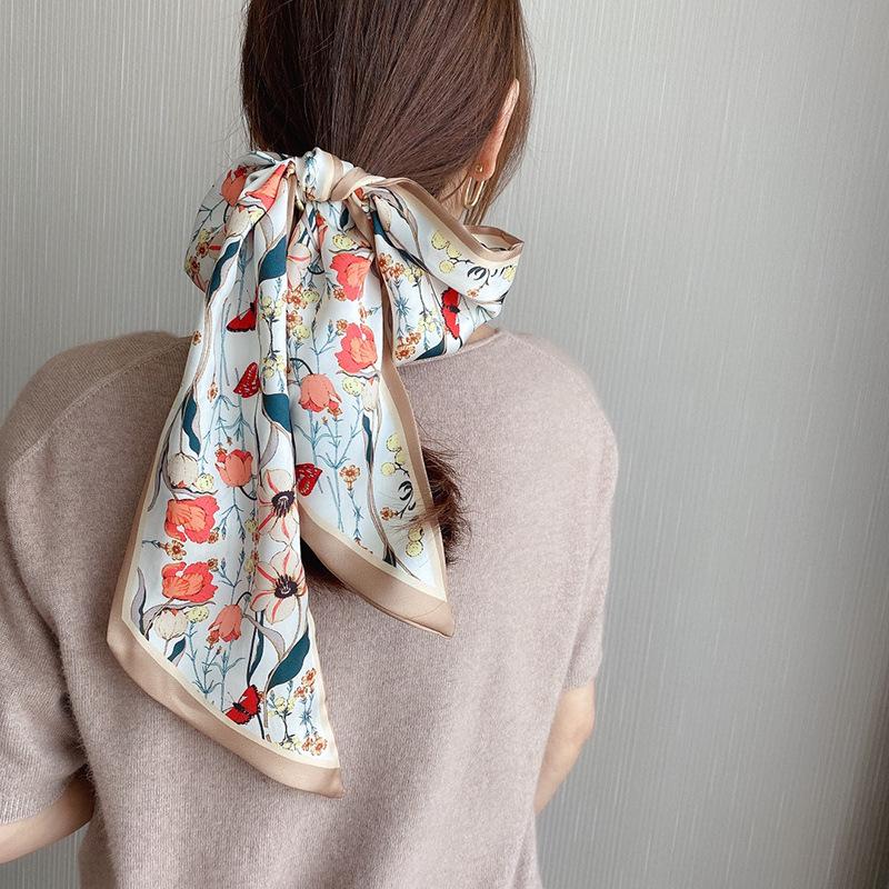 

Scarves 2021 Small Ribbon Simulation Silk Scarf Women's Satin Dish Hair Butterfly Binding Bag Long With Hand Gift, Blue;gray
