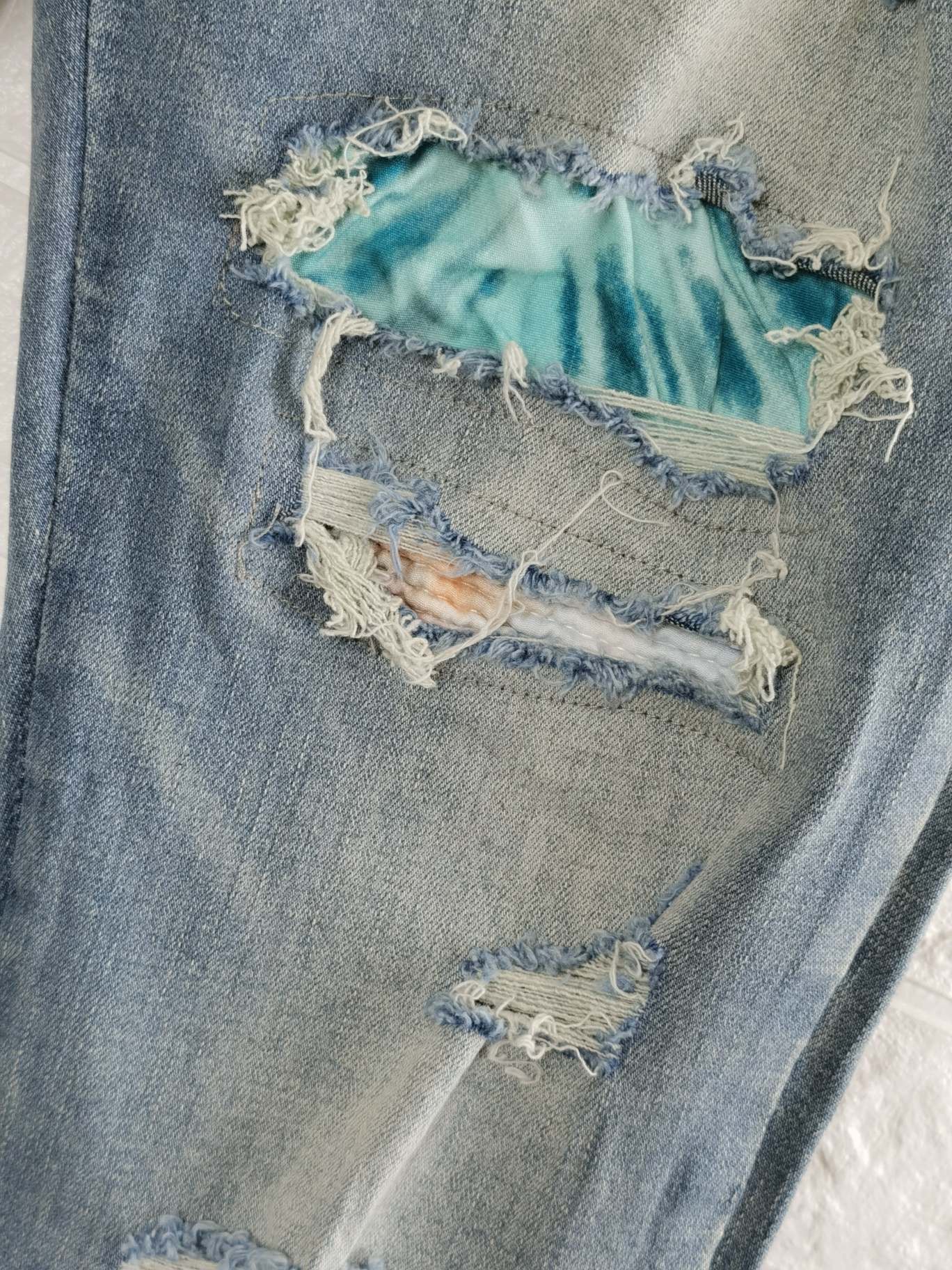 

FALECTION MENS 19SS AMIMIKE JEANS DISTRESSED TIE DYED PATCH RIPPED DENIM jeans, Blue