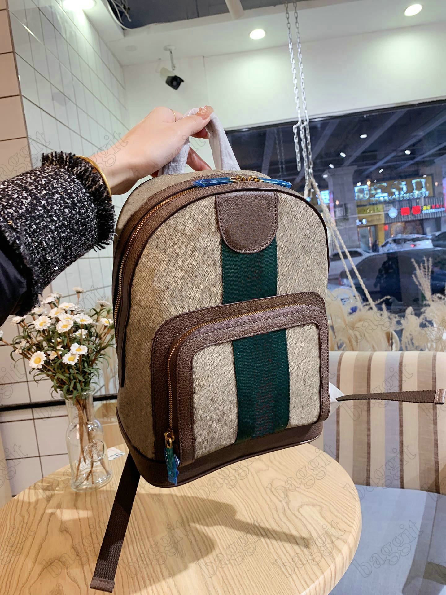 

Beige Ophidia Sup Canvas Backpack Green Red Web Stripes Italy Brand Designer Backpacks Logo Pattern Cross Body Handbag Purse Wallet, For make up difference fees;no bag