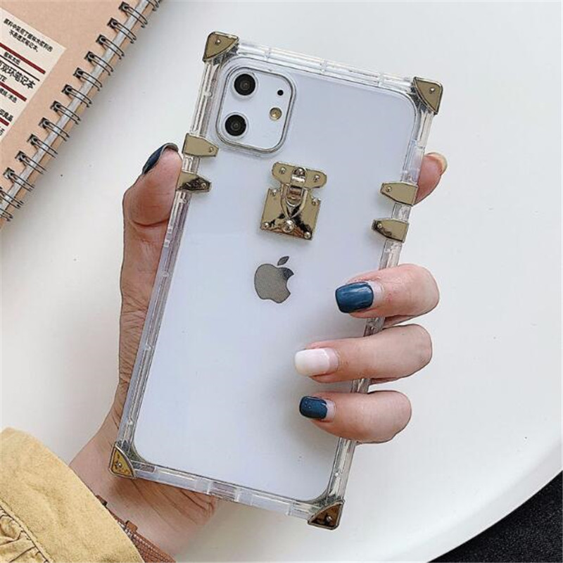 

Fashion Square Phone Cases For iPhone 13 12 11 Pro X XS Max 7 8 plus Bling Metal Clear Crystal Cover Back forGalaxy S21 S20 Note 20 Case, Transparent