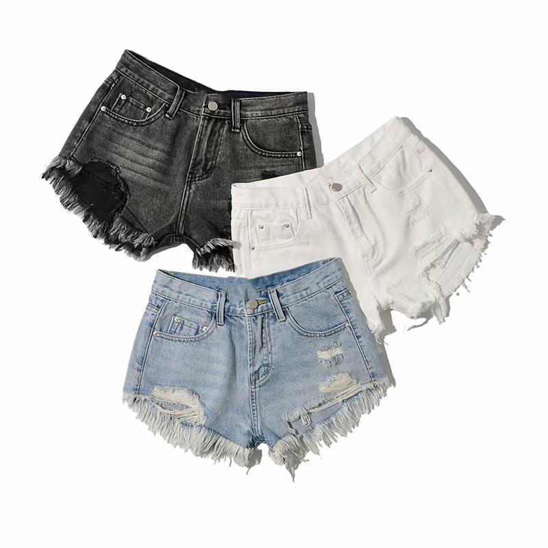 

Women's Jeans Summer Street Casual Low Waist Ripped Denim Shorts Solid Color Was Thinning Washed Edge Women, Black
