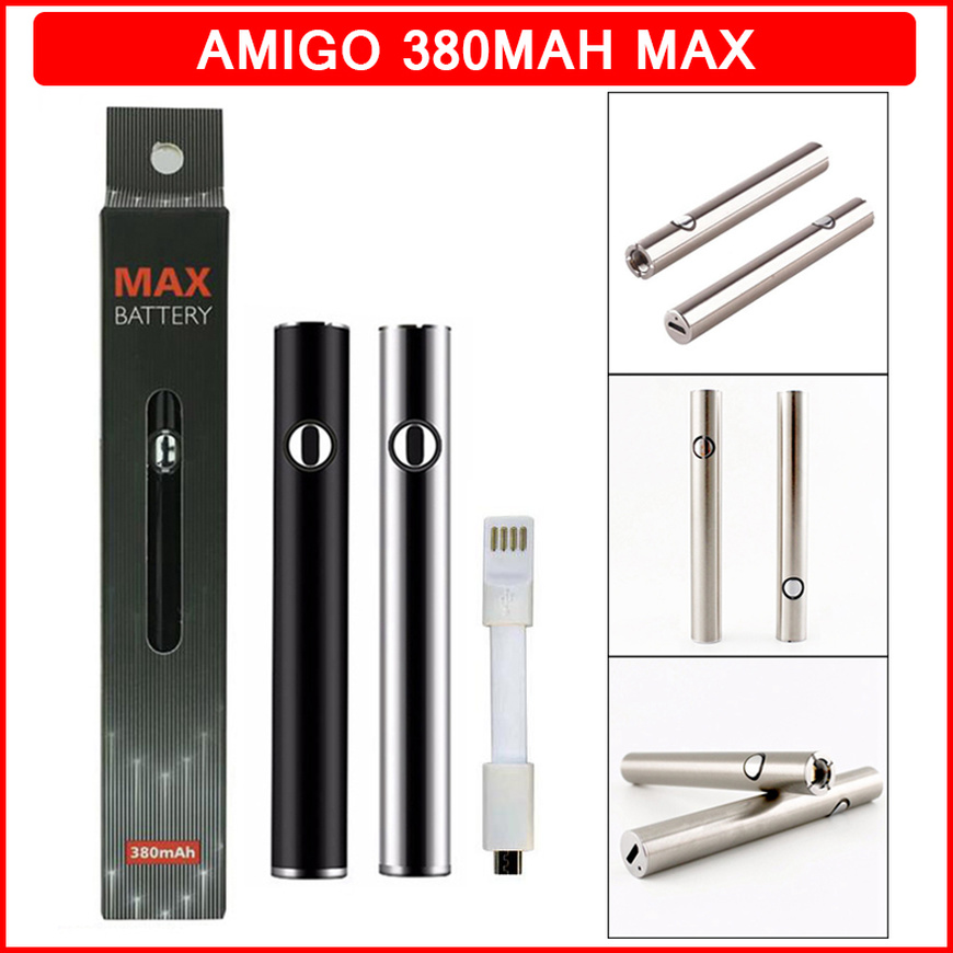 

Amigo 380mAh Max Vape Battery Kit Preheat VV Variable Voltage Bottom Charge 510 Thread for Oil Carts Vapes Cartridges Bateries