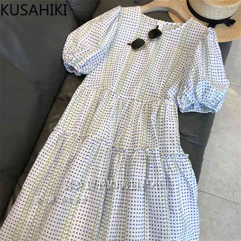 

Summer Korean Dot Dresses Causal Puff Sleeve O-neck Women Dress Chic High Waist A-line Vestido De Mujer 6J682 210603, Photo color