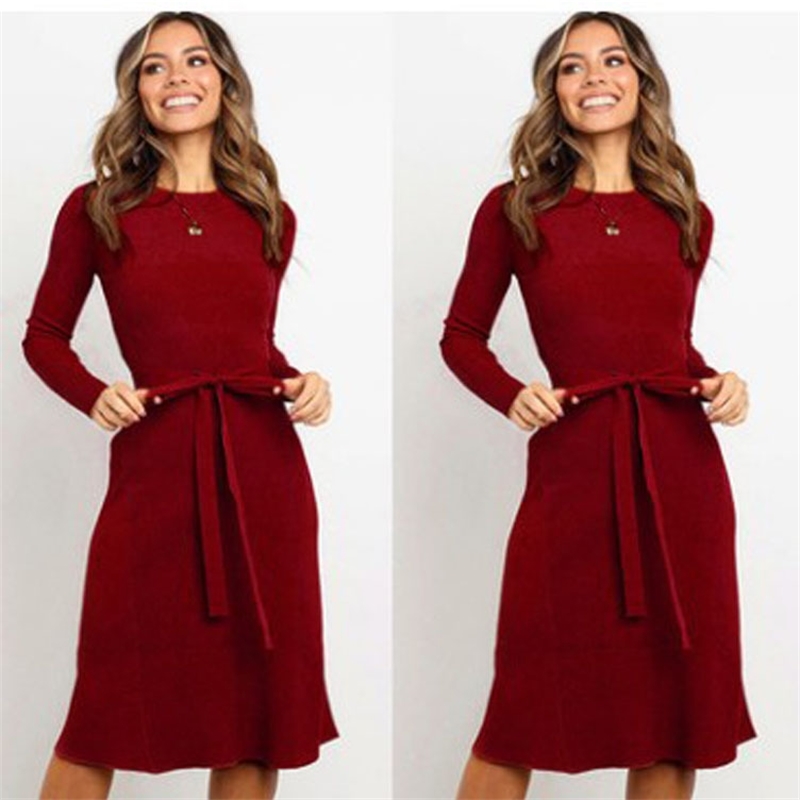 

2020 new autumn and winter solid color elastic belt slim dress, Black;gray