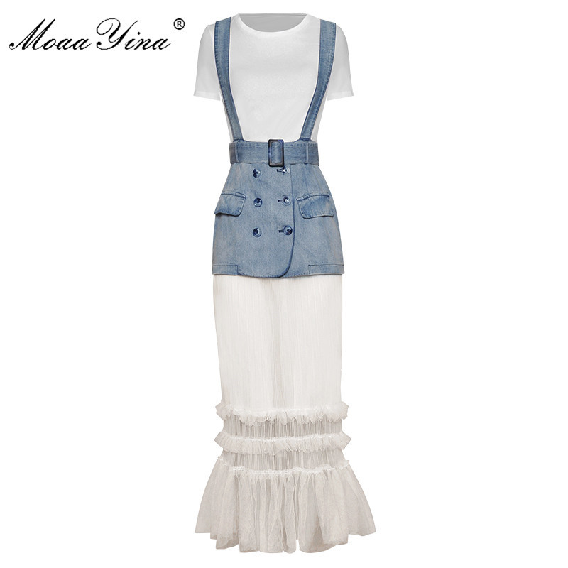 

White Short sleeve T-shirt+Spaghetti Strap Cowboy Patchwork Mesh fishtail skirt fashion suit 210524