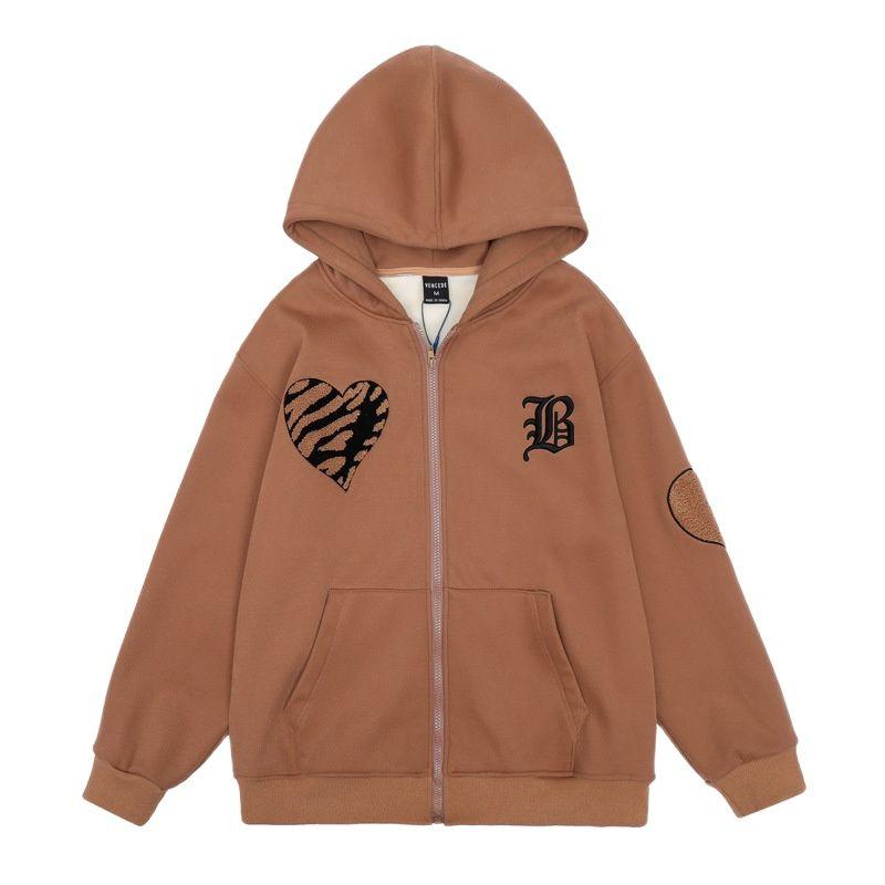 

Men's Hoodies & Sweatshirts Kpop Heart Embroidery Warm Brown Zipper Hoodie Men Hip Hop Pullover Cotton Zip Up Hooded Sweatshirt Fleece Outer, Black