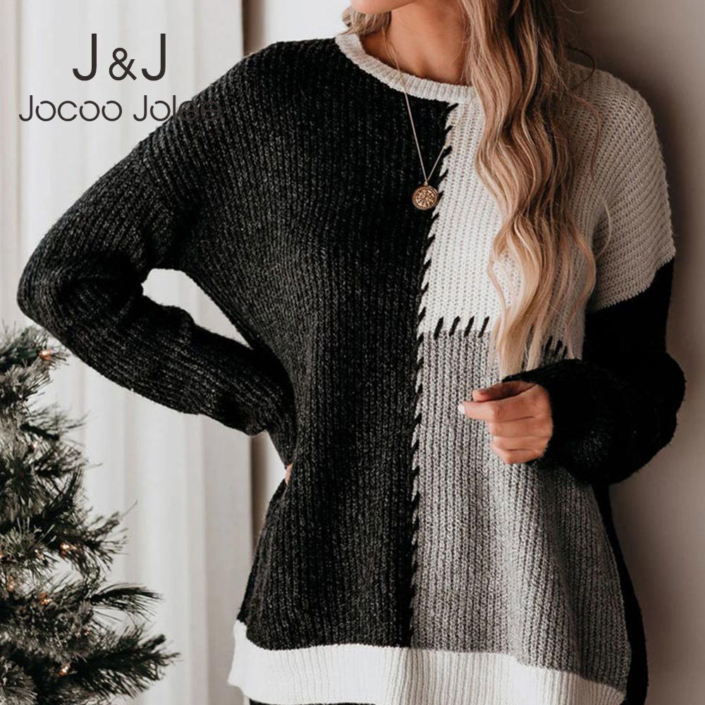 

Jocoo Jolee Women Winter Long Sleeve Patchwork Loose Sweater Vintage Color Block Pullovers Harajuku Jumpers Elegant Knitting Top 210518, Black