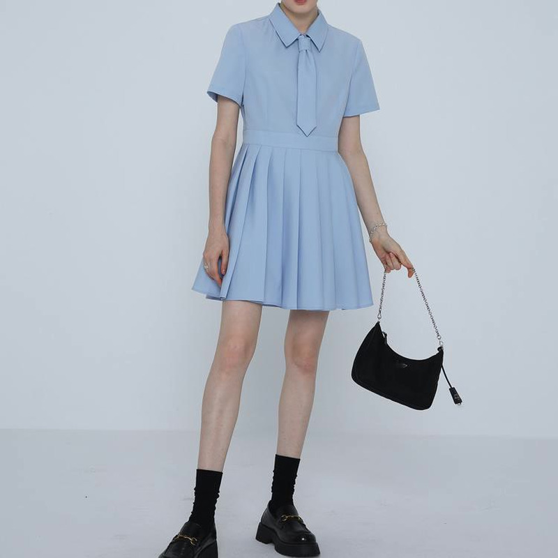 

Fresh Preppy Style Elegant Women Dresses Chic Fake Tie Patchwork Robe Summer Slim Waist Solid Pleated Dress 14A048 210524, Sky blue