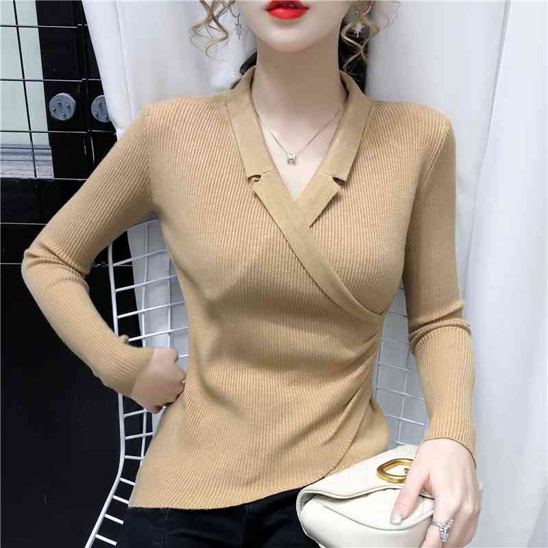 

Long Sleeve Knitted Sweaters Jumpers Women Ladies Sexy Office V Neck Pullovers Slim Tops Autumn Winter Sweater 210603, Khaki