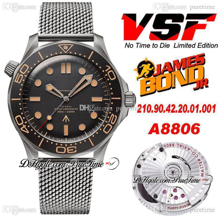 

VSF V2 007 James Bond No Time to Die Cal A8806 Automatic Mens Watch Ceramic Bezel Titanium Case Black Dial Mesh Strap 210.90.42.20.01.001 Super Edition Watches Puretime B2, Customized waterproof service