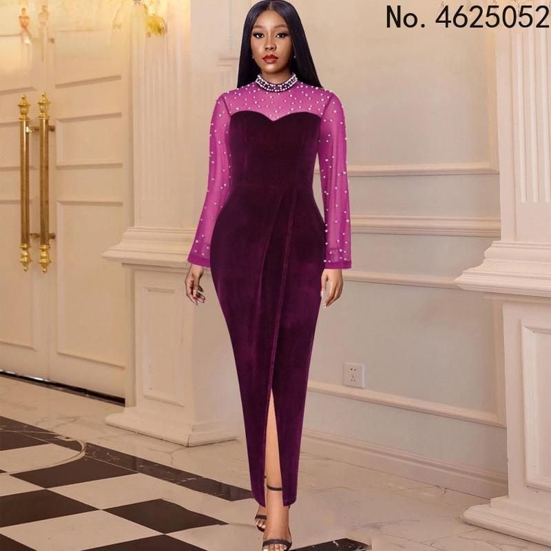 

Casual Dresses Velvet Mesh Patchwork Party Maxi Dress Women Evening Beading Long Sleeve High Waist Pencil Vestidos Prom Bodycon, Purple