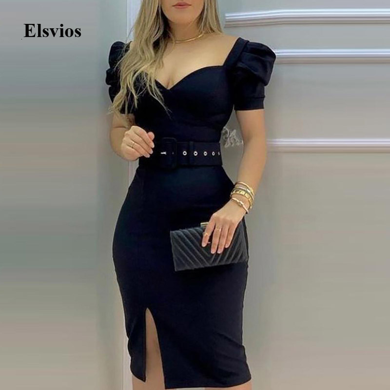 

Casual Dresses Elegant Puff Sleeve Bodycon Party Women Sexy Square Collar Split Fashion Summer Office Lady Vestidos 5N2T, White (no belt)