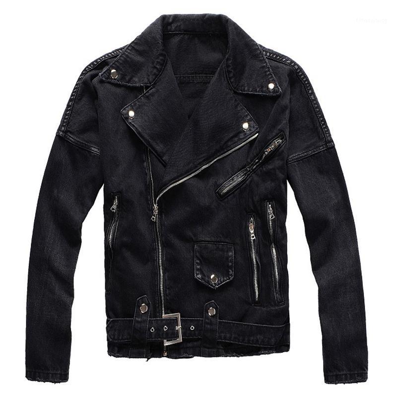 

Men's Jackets Gzdeerax Zippers Black Biker Jean Jacket Streetwear Thick Denim Slim Coat With Belt High Quality, As pic