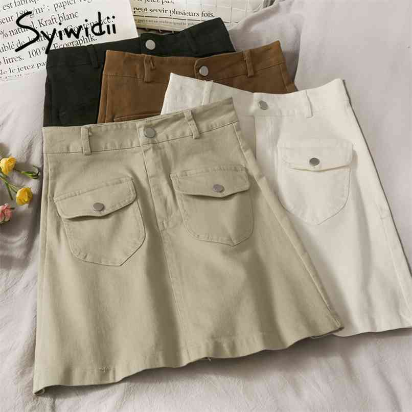 

Vintage Pockets Skirt for Women Button High Waist Casual A-Line Solid Black Summer Korean Fashion Mini Skirts 210607