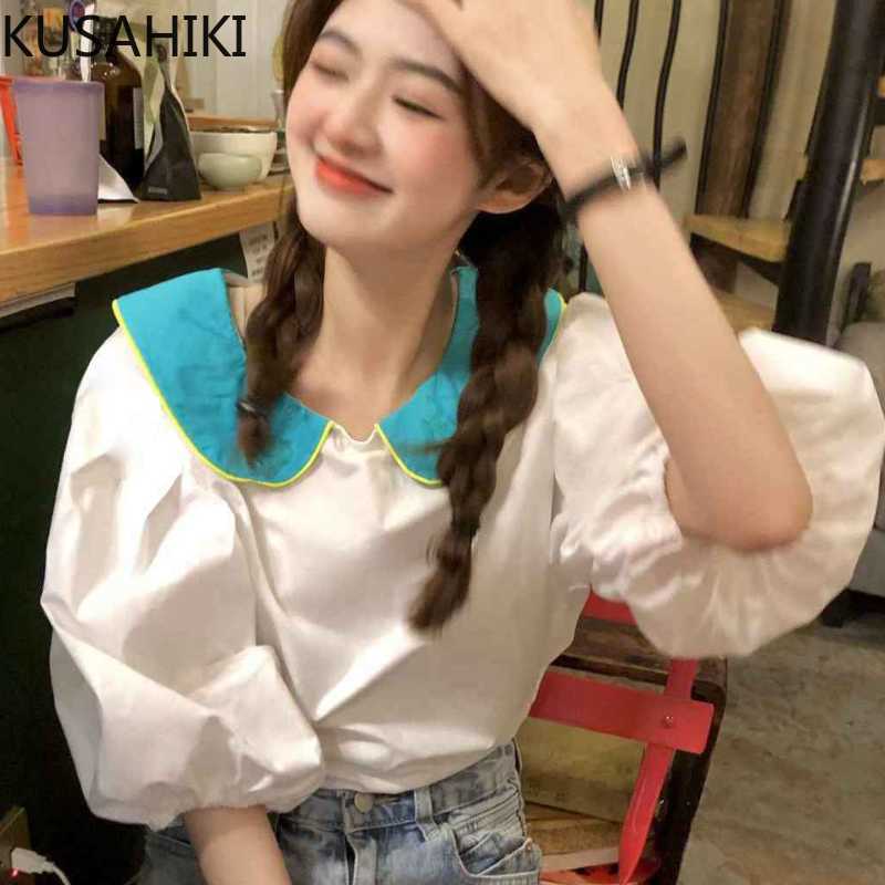 

KUSAHIKI Korean Hit Color Peter Pan Colalr Blouse Causal Sweet Puff Sleeve Woman Shirts Summer Blusas Feminimos 6H841 210602, Blue