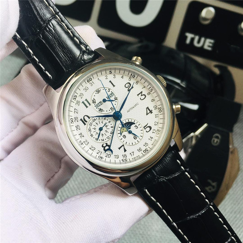 

New 7-pin luxury watch Logine Automatic machanical mens watches fashion designer Wristwatches Sapphire mirror calfskin strap Montre de luxe, Blue