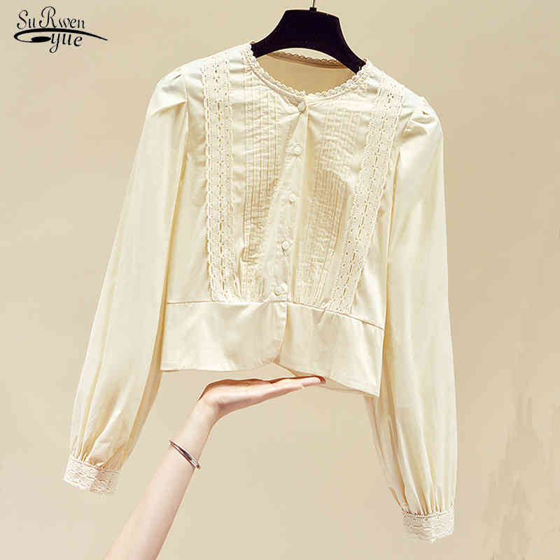 

Spring Autumn White Lace Blouse Office Lady Floral Up Fashion Shirt Tops O-Neck Long Sleeve Women Blusas 13123 210521, Apricot