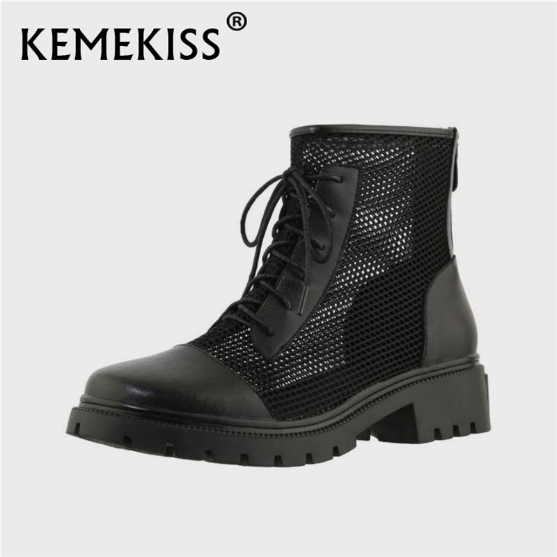 

Boots KemeKiss High Quality Women Real Leather Summer Round Toe Zipper Cross Strap Square Heel Hollow Out Ladies Size 34-41, Black