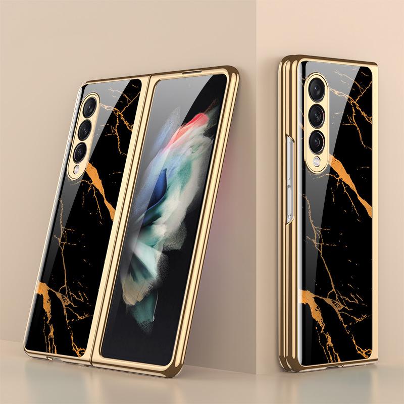 

Luxury Tempered Glass Cases for Samsung Galaxy Z Fold 3 5G Case Plating Plastic Frame Hard Glass Cover, 13