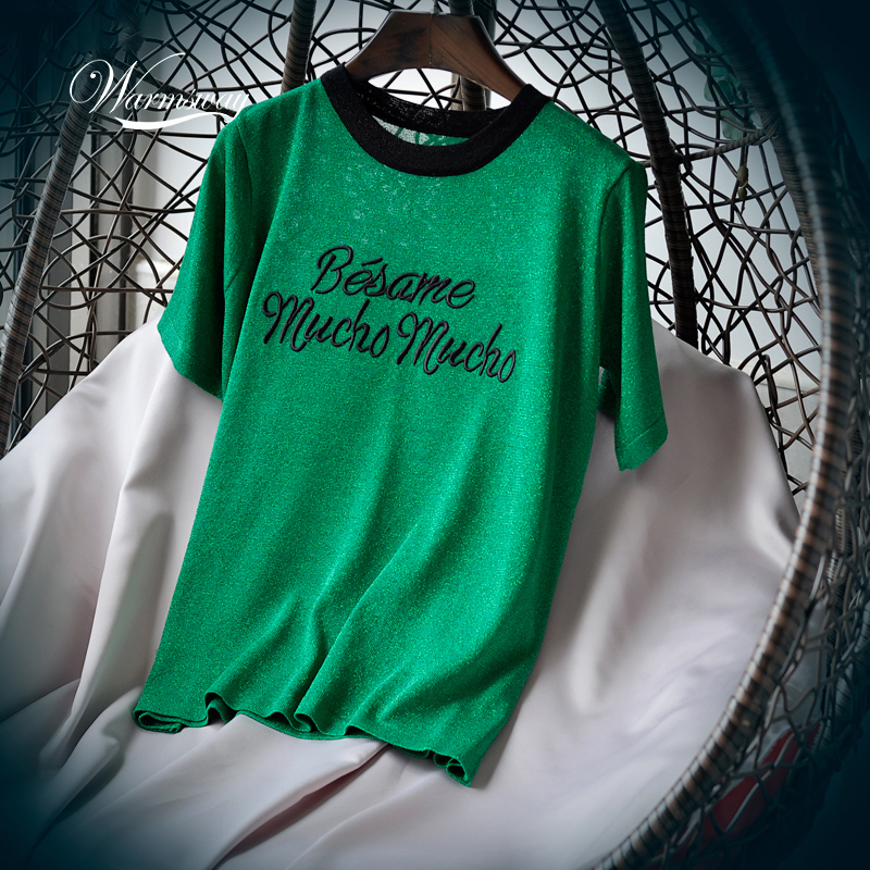 

2021 Korean Summmer Cute Letter Tee Shirt Femme Harajuku Ladies Short Sleeve T Shirt Women Tops B-052, Green