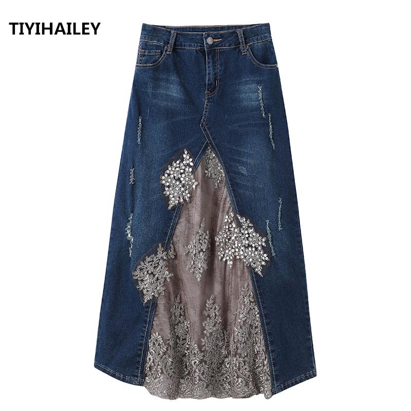

Skirts TIYIHAILEY 2021 Fashion Long Maxi Denim And Lace Patchwork Jeans Skirt Women Plus Size -2XL Summer Beaded, Sky blue