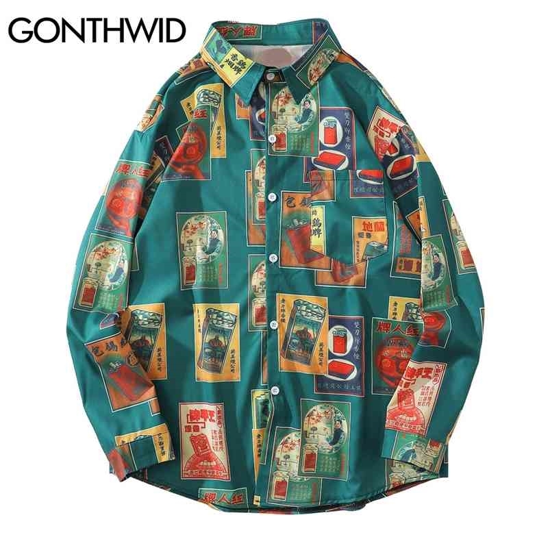

GONTHWID Hawaiian Beach Shirts Harajuku Vintage Poster Print Long Sleeve Aloha Party Holiday Shirt Mens Casual Button Down Tops 210721, Green