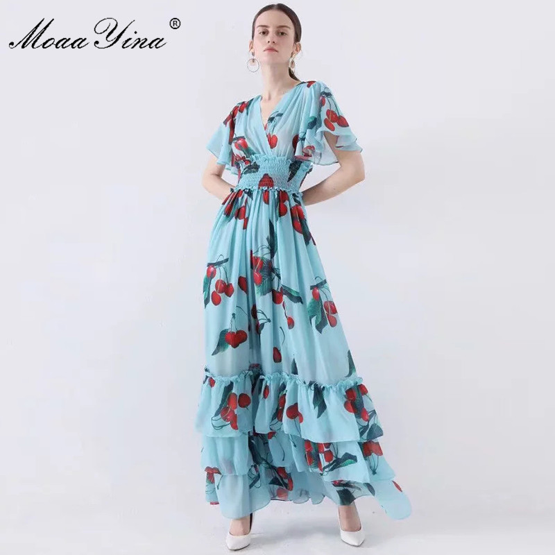 

Fashion Designer Runway dress Spring Summer Women Dress V-neck Elastic waist Fruit Floral-Print Ruffles Dresses 210524, Sky blue